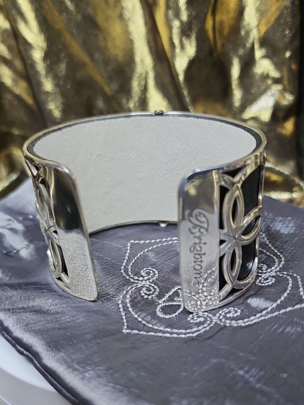 Brighton Silver-Tone Black Leather Floral Cuff Bracelet With Gray Brighton Bag - Picture 5 of 11